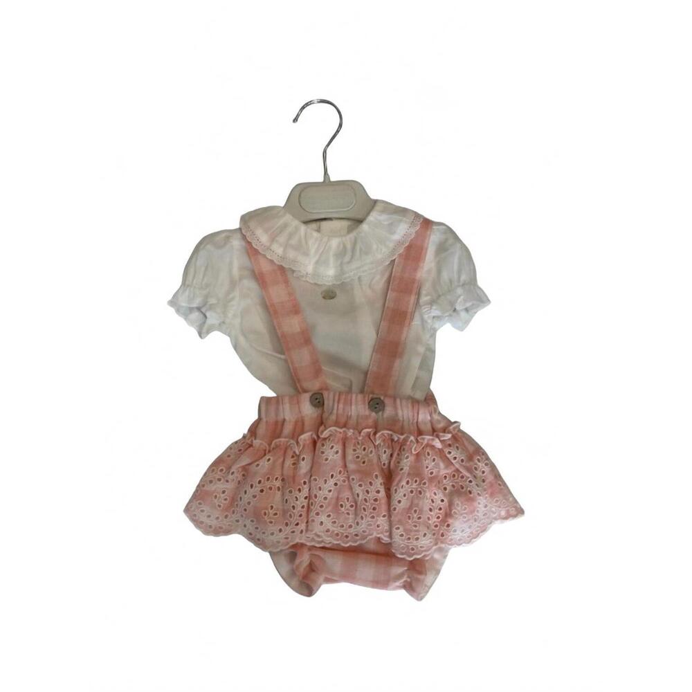 NEW MARTIN ARANDA baby girls' ruffle top & plaid overall in white/pink